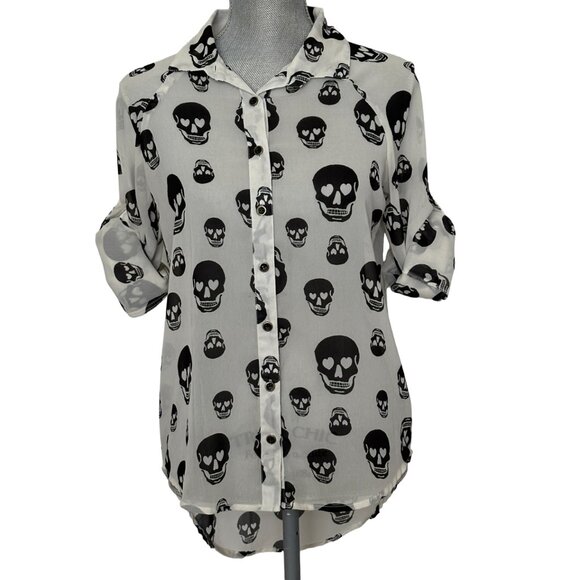 Fun & Flirt Sheer Top - Size Small - All Over Skulls Print - Halloween - Picture 1 of 8